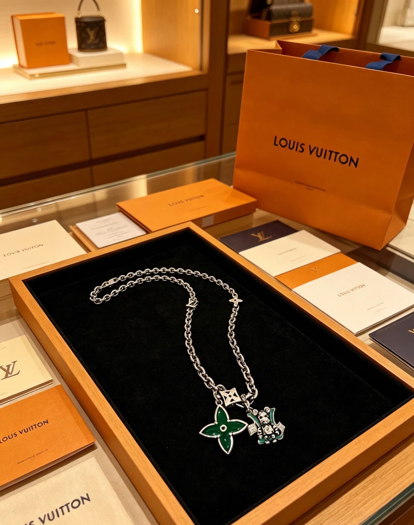 Louis Vuitton Silver Chain Necklace with Green Flower and Monogram Motif